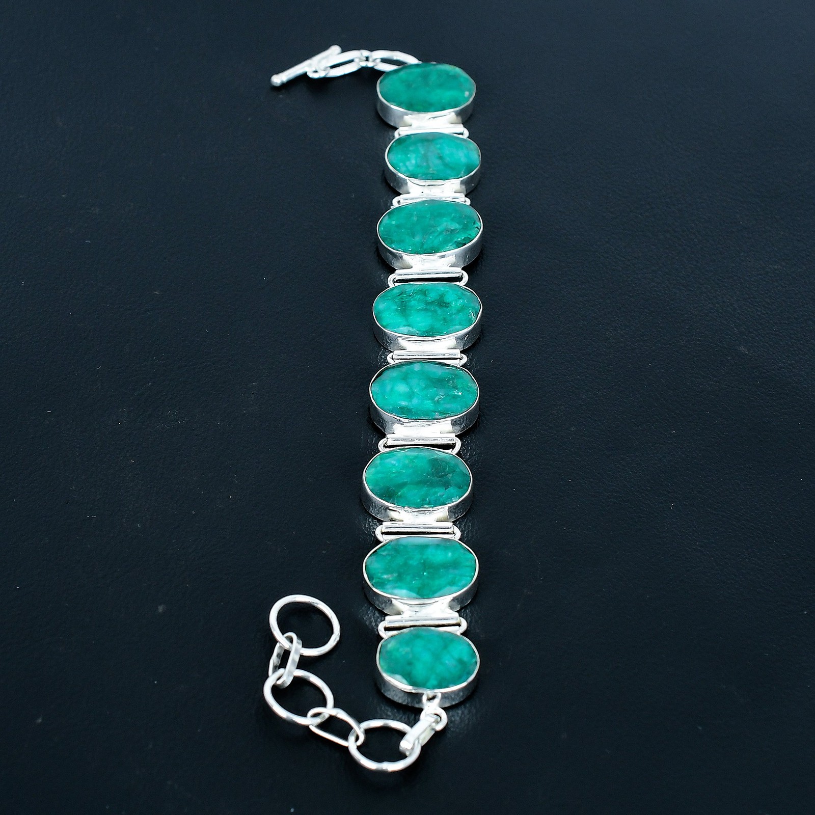 Zambian Emrald Oval Gemstone 925 Sterling Silver Jewelry Bracelet 8″ VJ 1176
