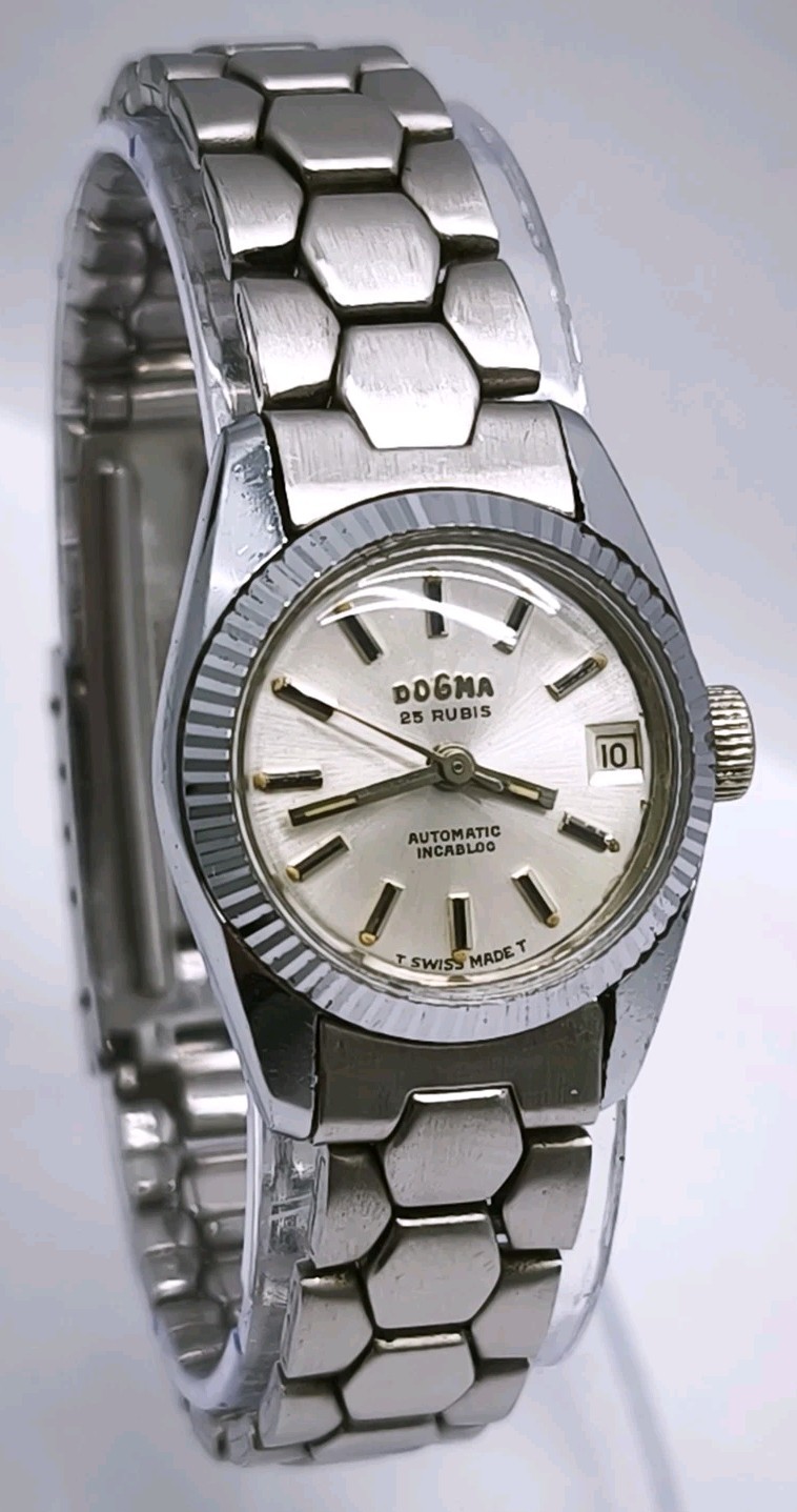 Vtg 1970s Dogma Deluxe Automatic Steel Bracelet 22mm Ladies Watch Cal ETA 2551