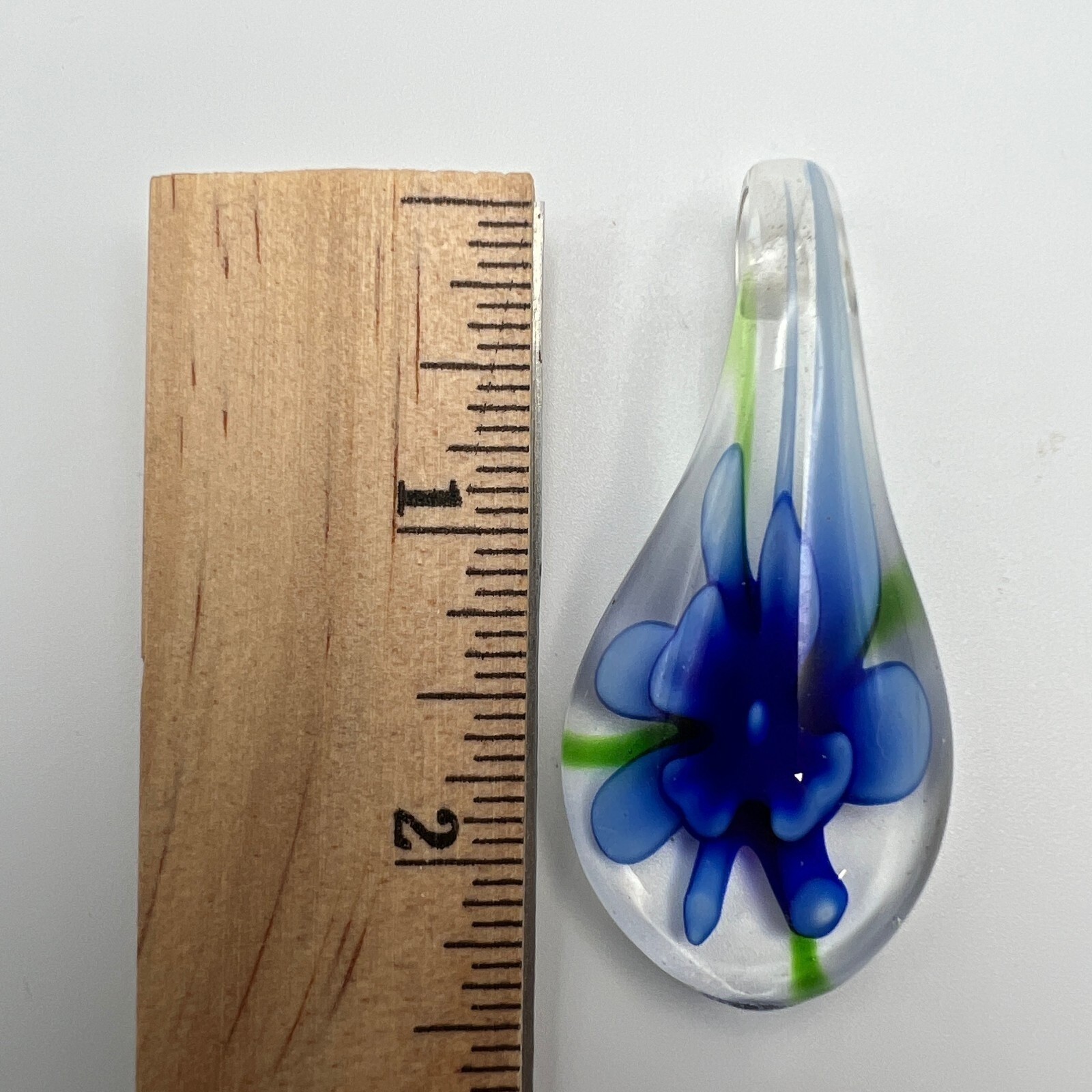 Blue Flower Glass Pendant Teardrop 2 1/2 inches