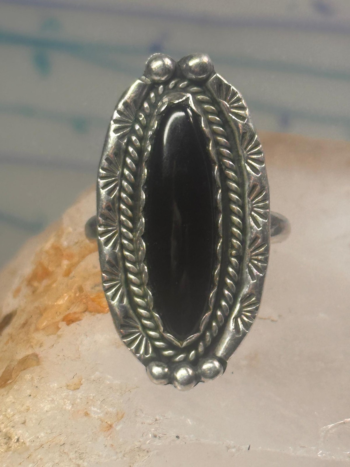 Navajo Ring Long Onyx size 6.5 sterling silver women girls signed LY