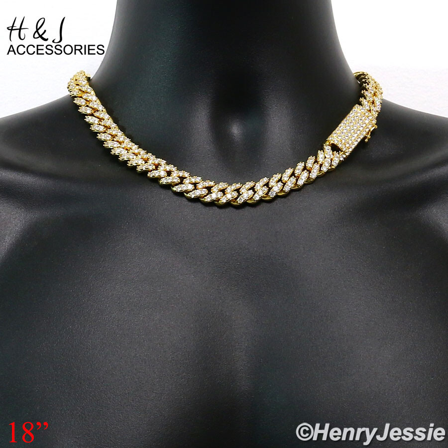 MEN 14K GOLD PLATED 18″-24″X12MM GOLD CZ PRONG SET CURB CHAIN NECKLACE*ABGN5