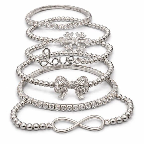 6Pcs Silver Tone Bracelet Set Women Crystal Snowflake Bow Love Infinity Jewelry