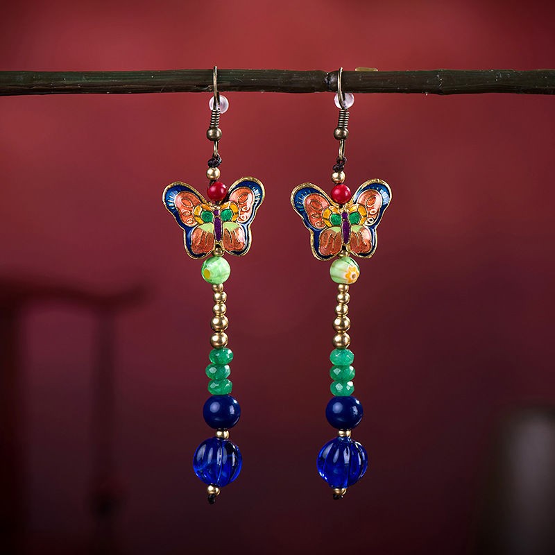 New Enamel Butterfly Earrings Glass Drop Dangle Long Ethnic