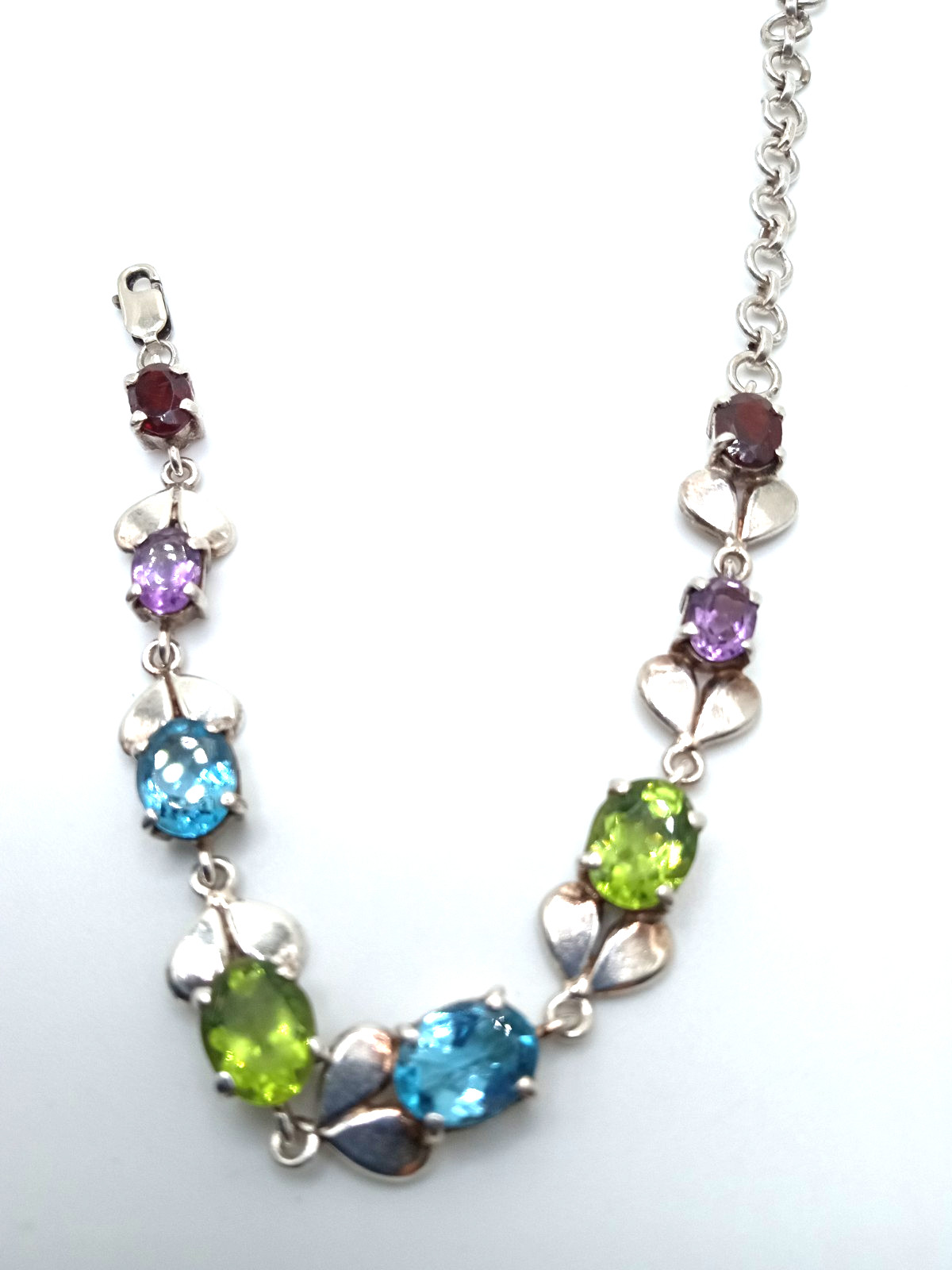 Vintage Sterling Silver Multi Gemstone 7 1/2 Inch Link Bracelet Lovely