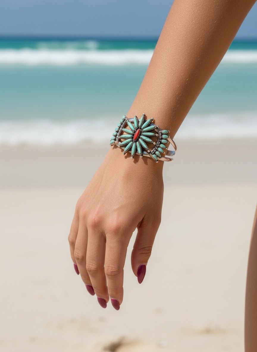 Zuni Sterling Silver Coral and Turquoise Needle + Petit Point Floral Cuff