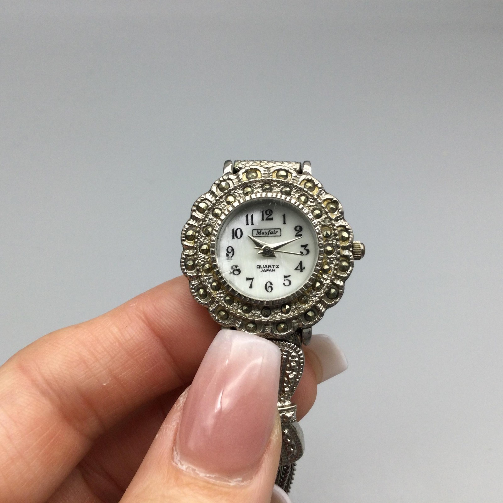 Mayfair Womens Watch 27mm White MOP Dial Silver Tone Marcasite New Battery 7.25″