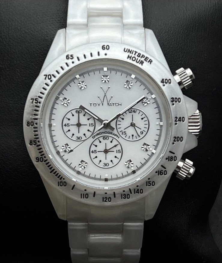 TOYWATCH Chronograph Women’s 45mm Quartz Watch White MOP Case Dial Bracelet NEW