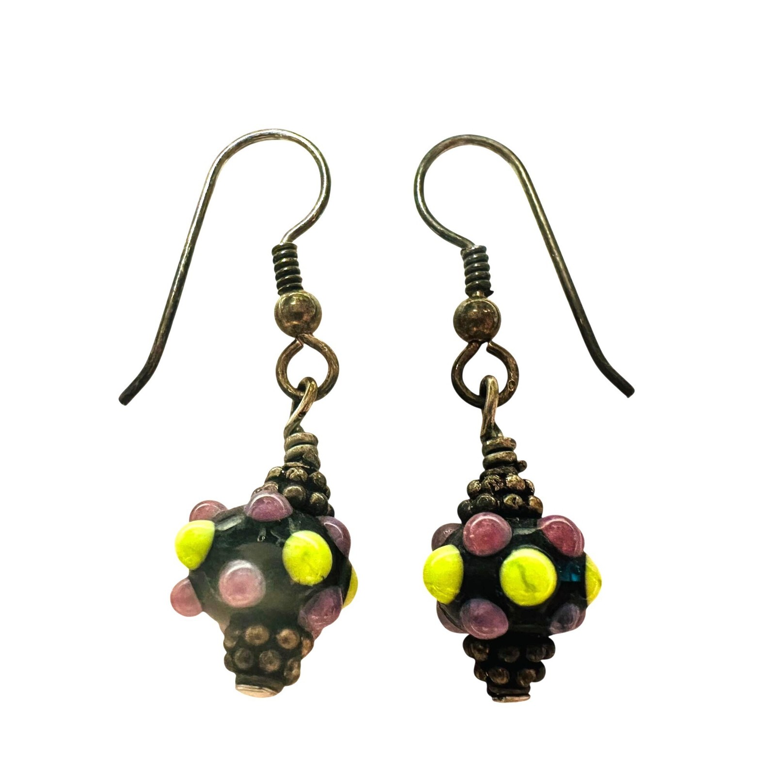 Lampwork Bead Dangle Earrings Bright Yellow-Green & Purple-Pink Glass Silver