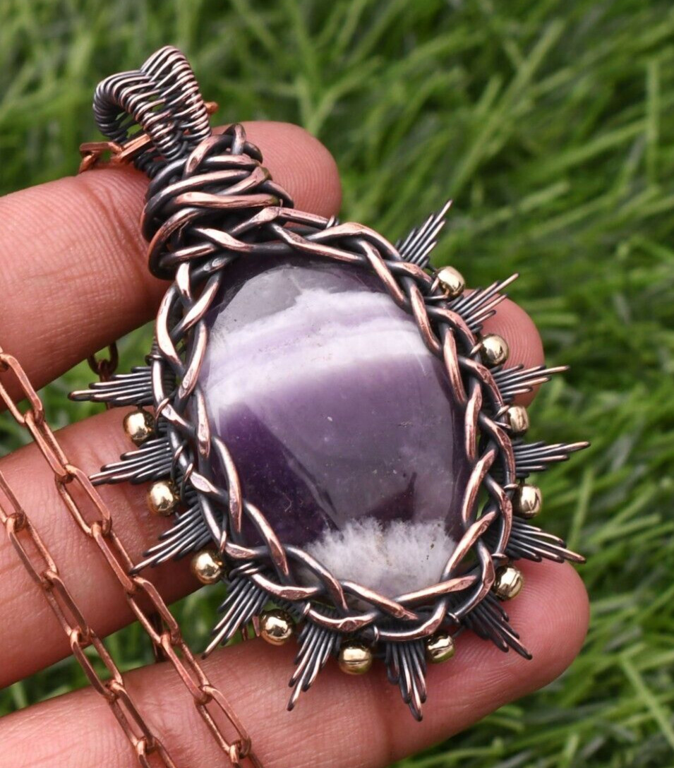 Amethyst Lace Gemstone Copper Wire Wrap Handmade Jewelry Pendant 2.28″