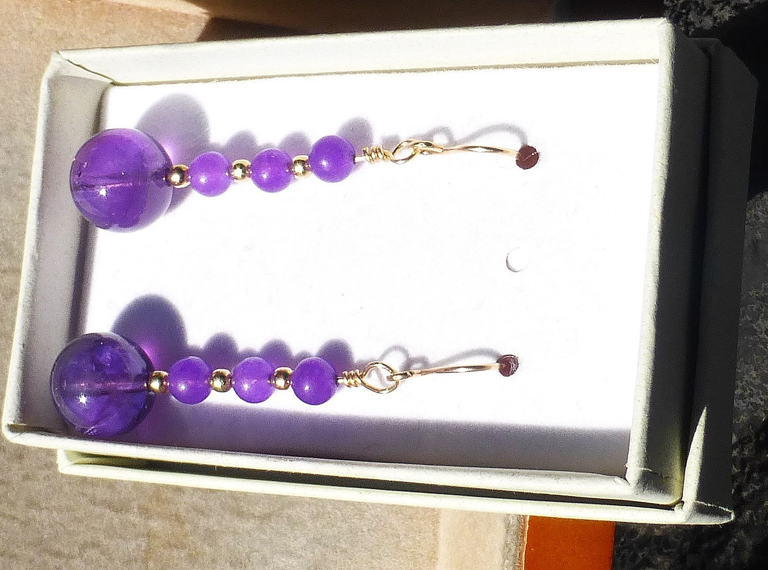 Handmade Amethyst BEAD dangle earrings in 14/20 gold filled Length 1 3/4 in.