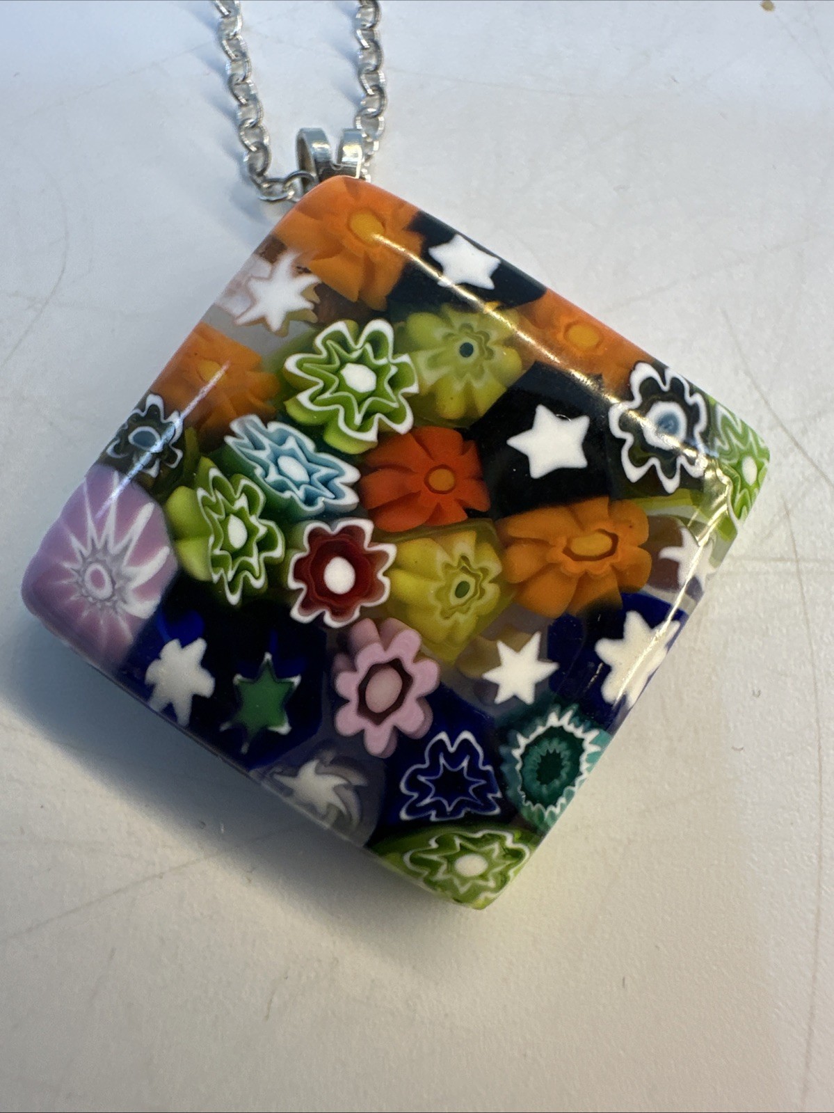 Murano Millefiori Glass Pendant Necklace 925 Sterling Silver Chain Italy (Z18)