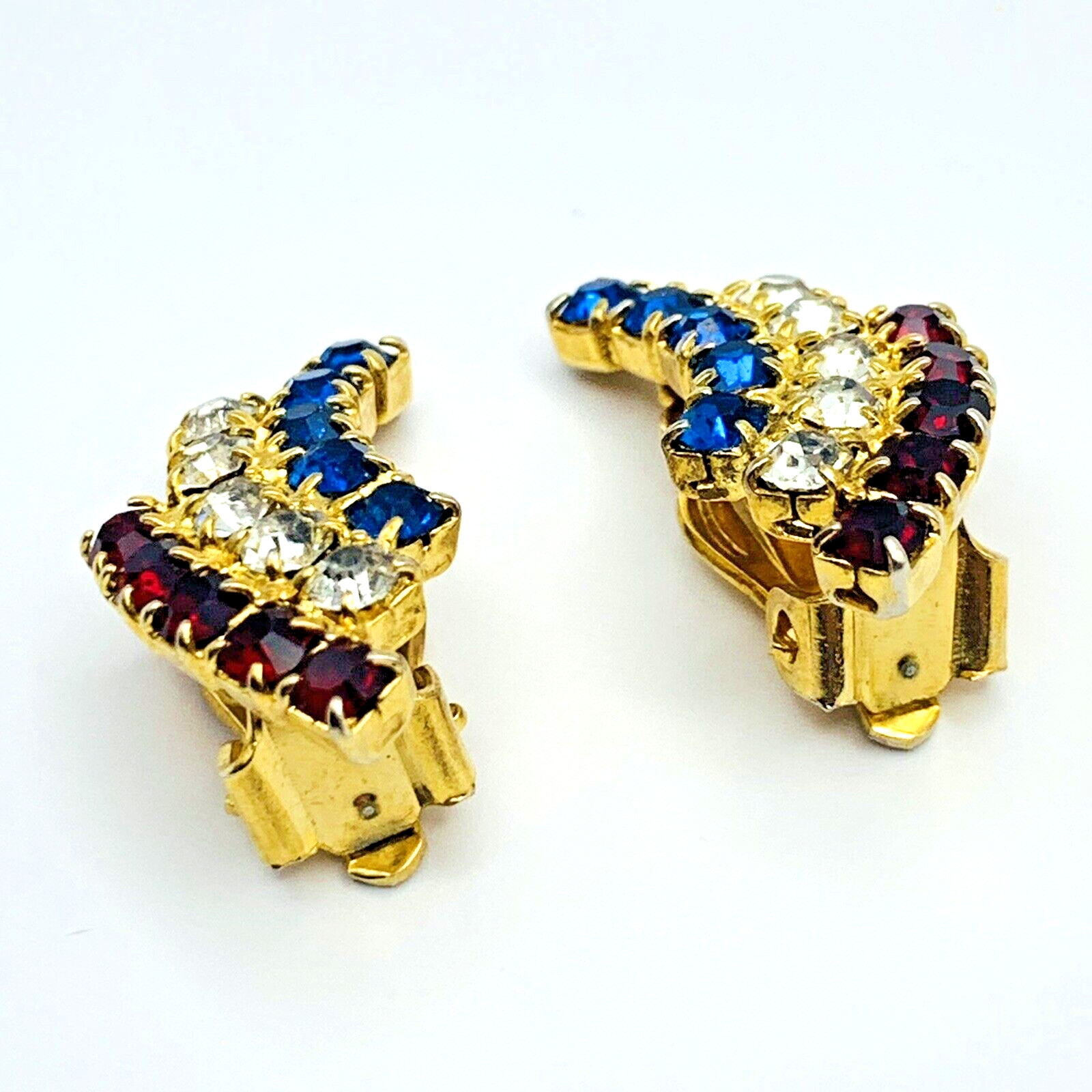Vintage Patriotic Red White (Clear) Blue Rhinestone Clip On Earrings Gold Tone