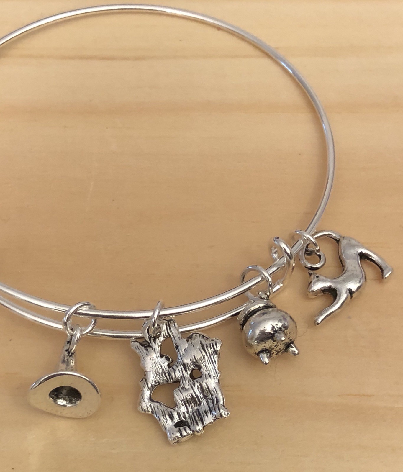 Halloween Witch & Brew & Cat Silver charm Expandable Bangle Bracelet