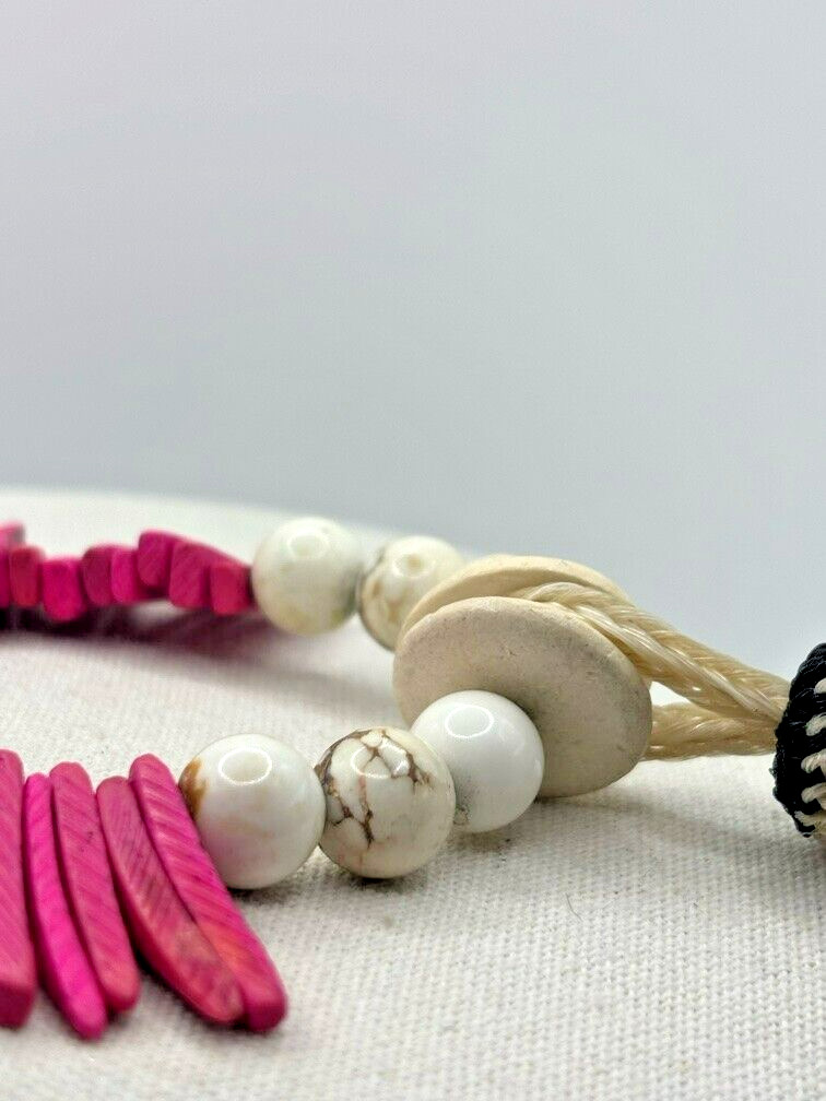 Pink Cocowood Chip Howlite Large Kenya Bone Beaded Horsehair Pendant Necklace