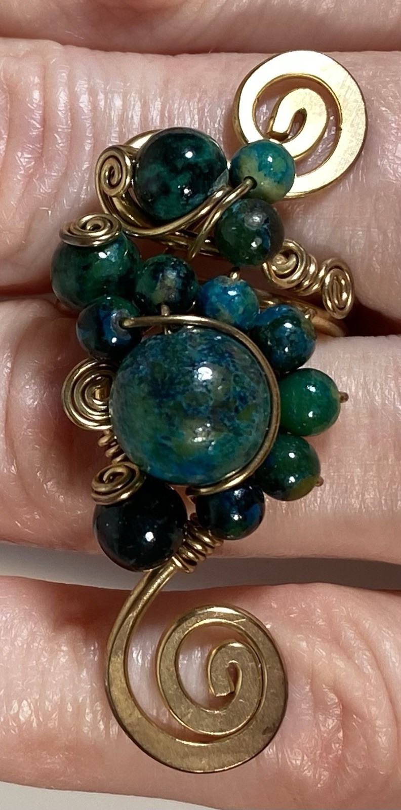 Handmade ring, green and blue gemstones, wire-wrapped in gold-toned metal