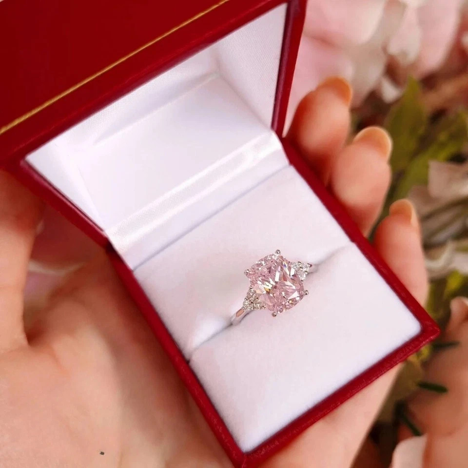 6.30 Ct Cushion Cut Natural Pink Sapphire Diamond Ring 14K White Gold Size 6 7 8