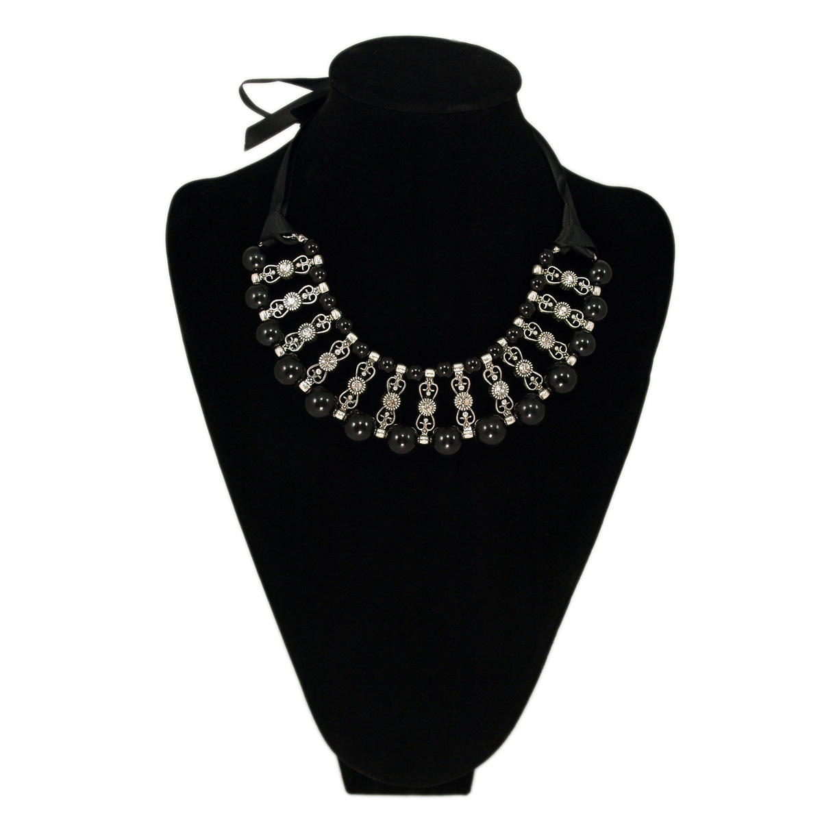 Elegant Pearl & Rhinestones w/Satin Ribbon Bib Statement Necklace- Diff. Colors