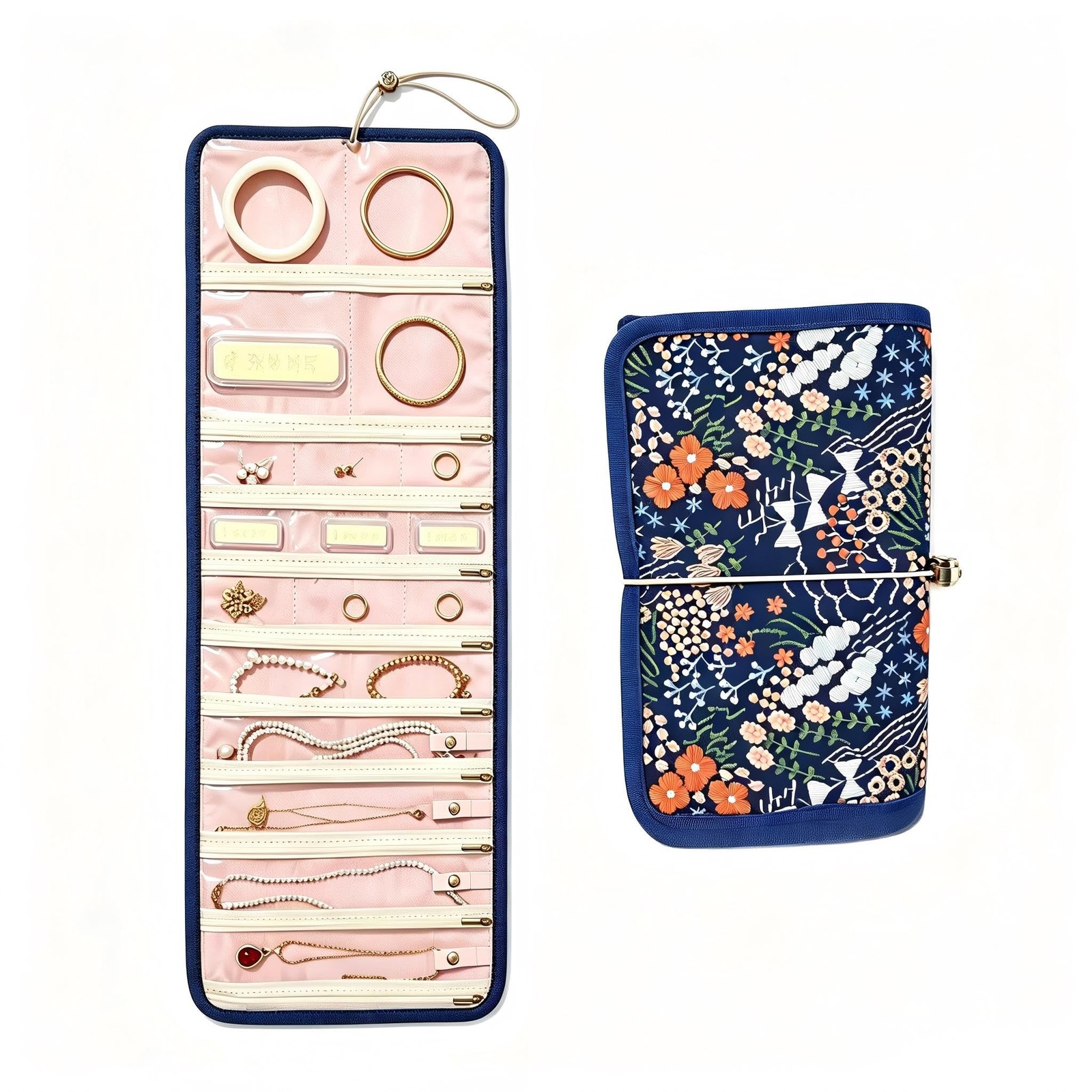 Embroidery Jewelry Roll Organizer Travel Jewelry Storage Roll Case Foldable S…