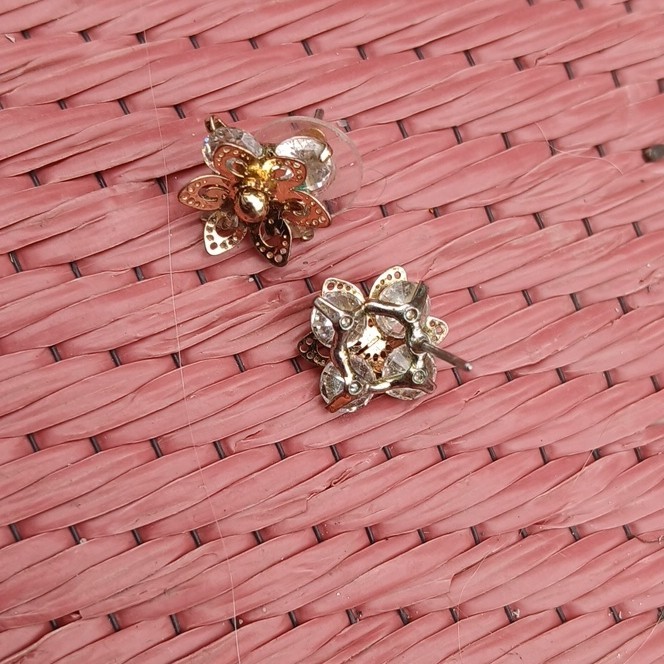 Flower Crystal Stud Earrings, Metal Gold & Silver Tone, Butterfly Back