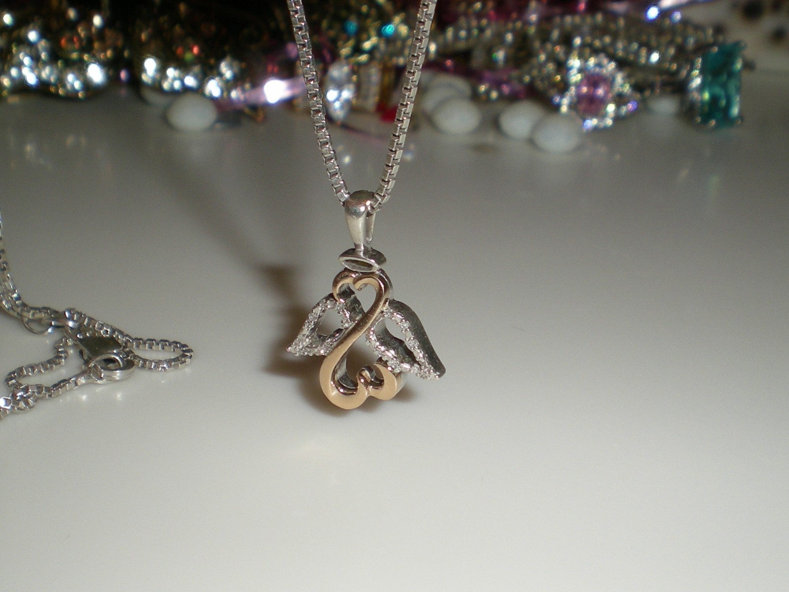 Jane Seymour Open Hearts 1/20ct SS 10K Rose Gold ANGEL Diamond Necklace KAY BOX