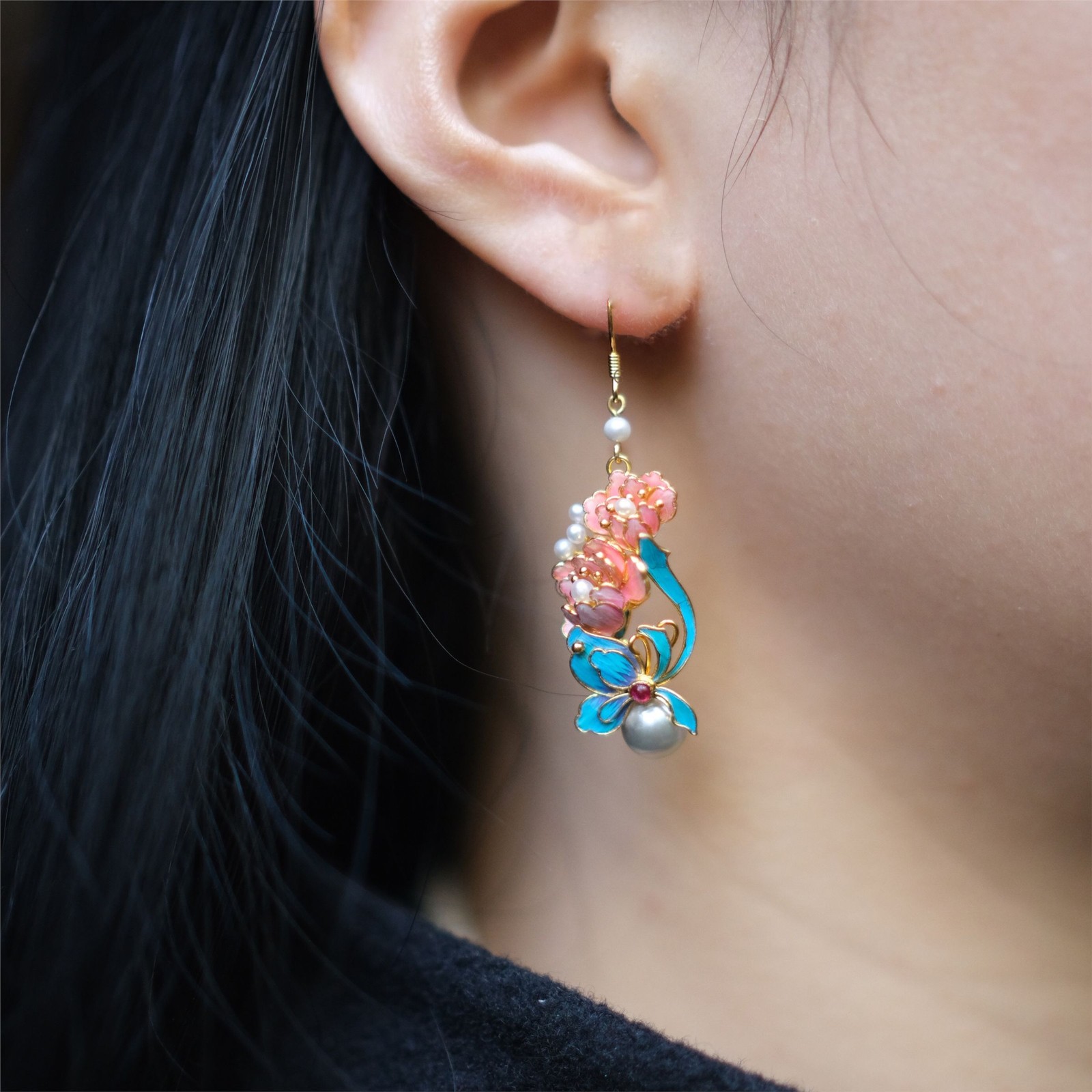 New Chinese Butterfly Peony Gold Plated Long Dangle Earrings