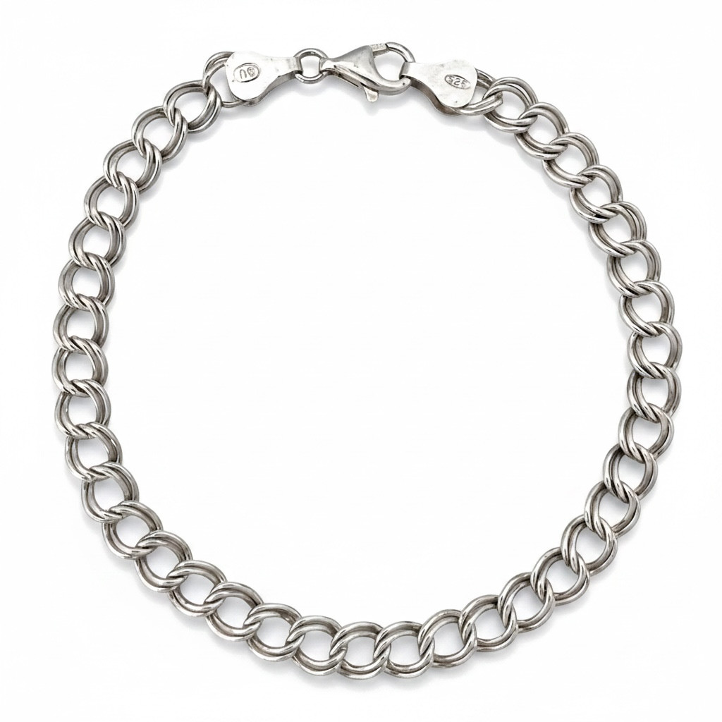 925 Sterling Silver Double Link Curb Chain Charm Bracelet 8″ 6mm Italy 7.68g