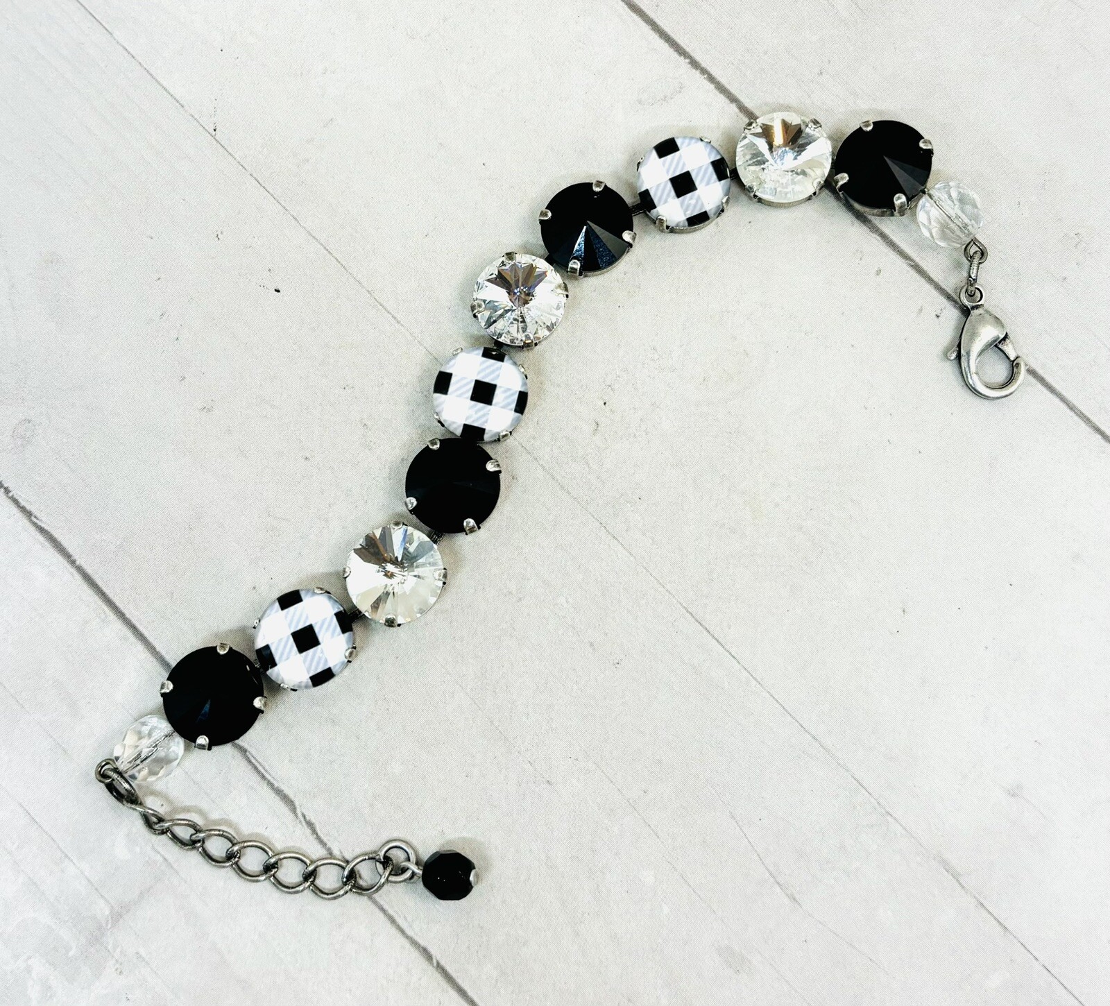Black BUFFLO PLAID Cup Chain Statement Bracelet made w/ Jet Black Crystals
