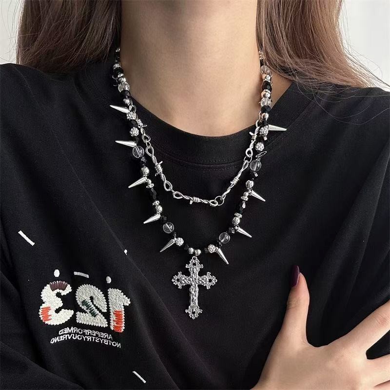 Dark Gothic Thorn Studded Cross Necklace