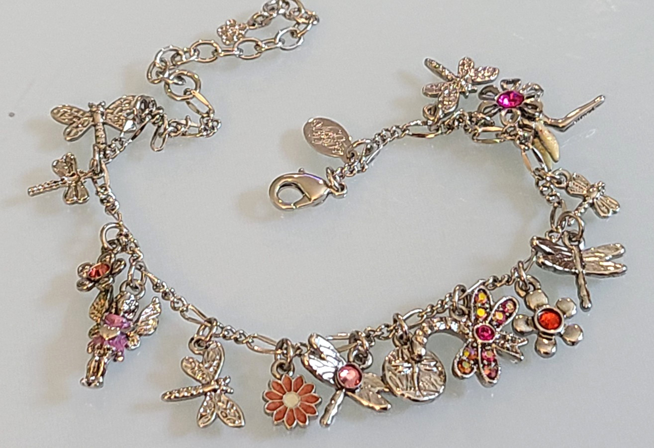 KIRKS FOLLY Vintage 11.5″ Charm Anklet Fairy Dragonfly Flower Rhinestone SILVER