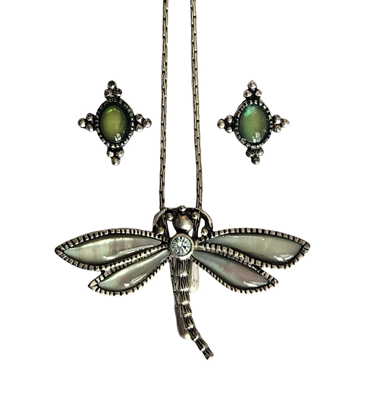 VINTAGE SIGNED 1928 JEWELRY DRAGONFLY SLIDER NECKLACE & BONUS EARRINGS!