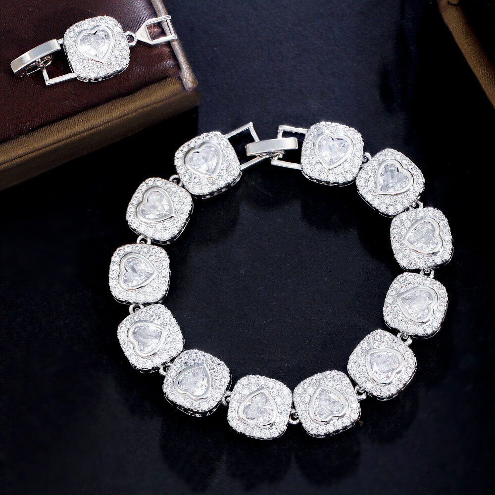 Women Lovely Silver Plated Pink Heart Cubic Zirconia Big Tennis Bracelet Wedding