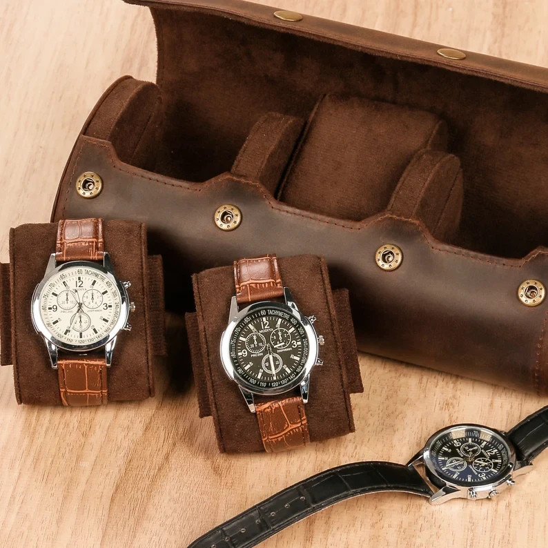 Personalized Leather Watch Case for 3 Watches, Handmade Travel Watch roll,