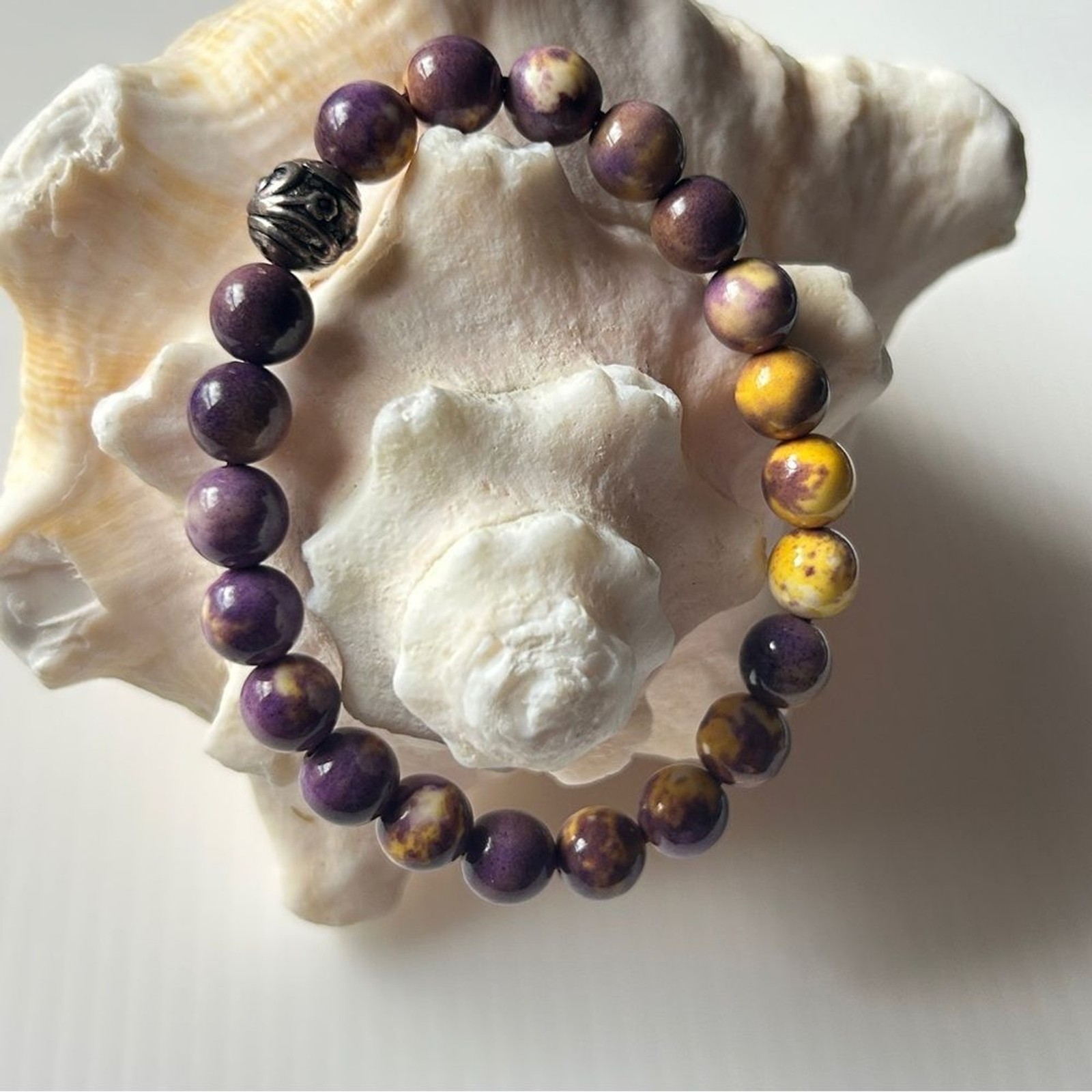 Purple and Yellow mixed color jade Beaded Bracelet 8mm fits 15-17cm wrist