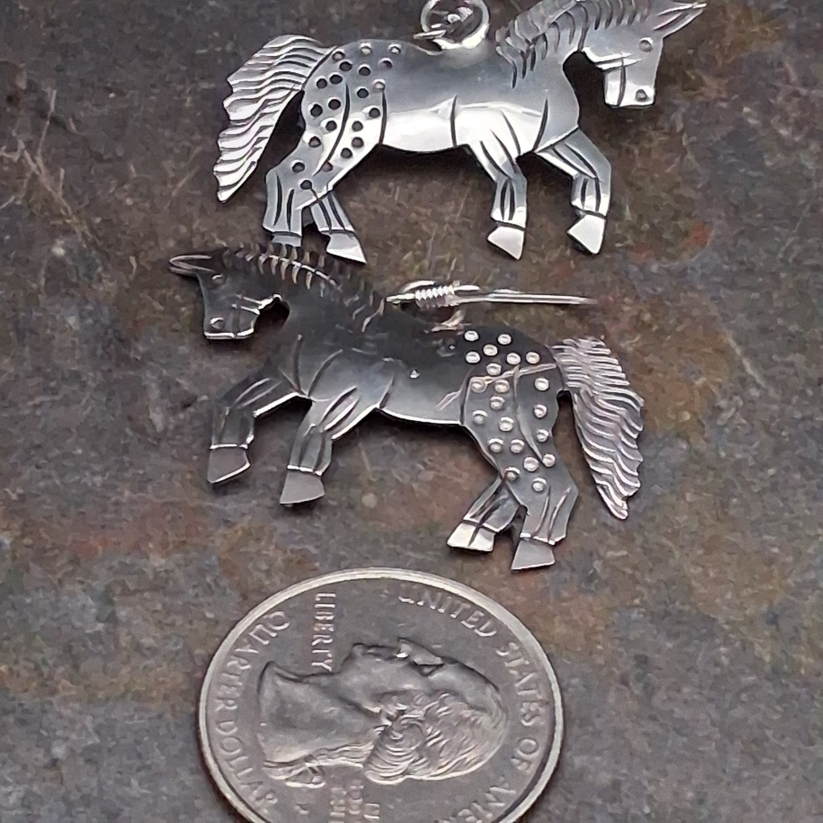 Native American Sterling Silver Horse Dangle Earrings Louise Yazzie Signed LY