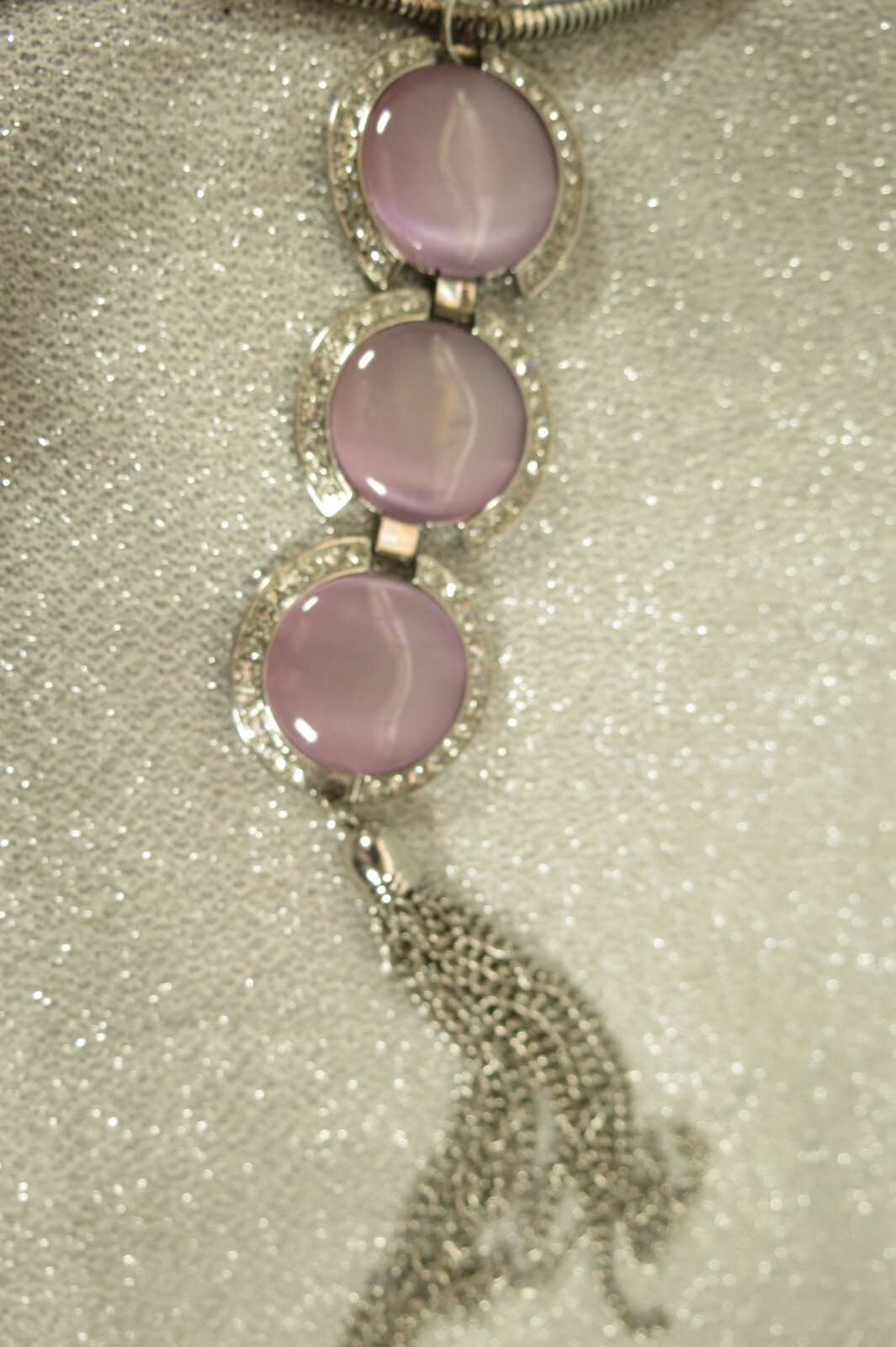Vintage Lavender & Rhinestone Necklace Silver Tone 24 Inch Long Chain