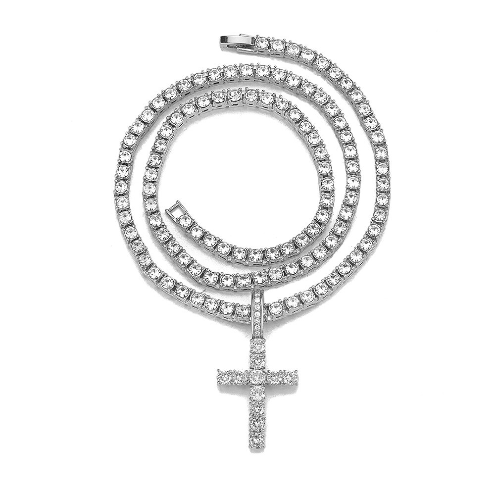14k Gold Silver Plated Tennis Chain Choker ICED CZ Necklace with Cross Pendant