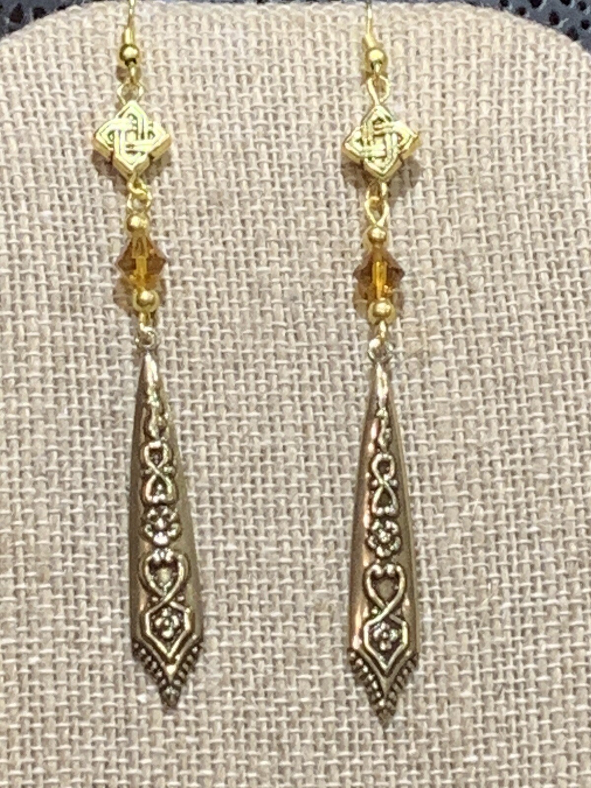 NEW ITEM* HANDCRAFTED VINTAGE EGYPTIAN REPOUSSE’ BRASS DROP & CRYSTAL EARRINGS