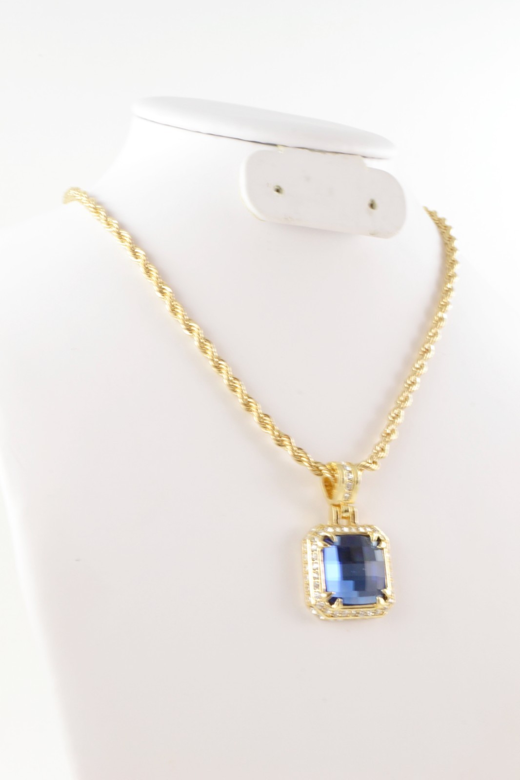 Yellow Gold Finish Blue Gemstone Chain and Charm Fashion Jewelry 24 inch Long