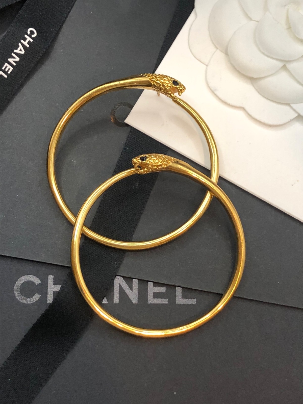 Céline Phoebe Philo Serpent Hoop Earrings • Gold Plated • Signed • Rare • 2.3 In