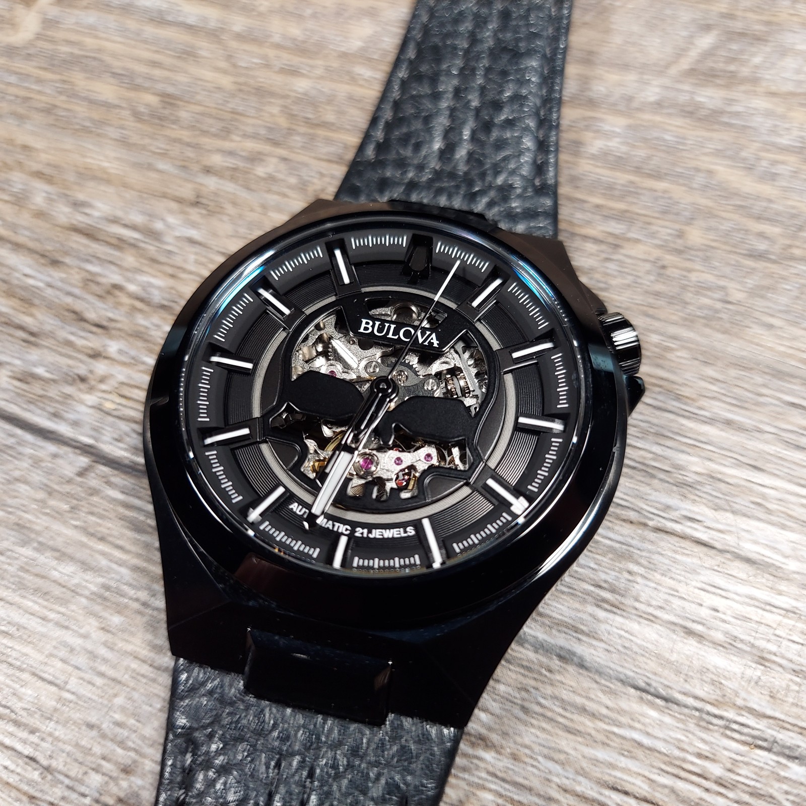 Bulova Men’s Maquina Automatic Black Leather Strap Watch 98A238 | Never Worn