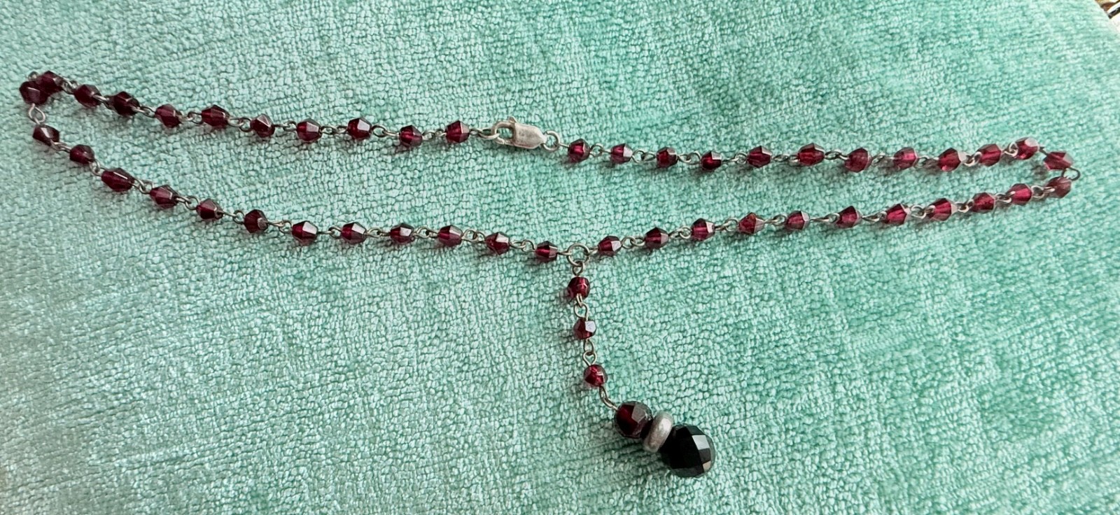 Vintage sterling silver 925 garnet Y necklace beaded pendant 15.5″ with 1.5″ ex