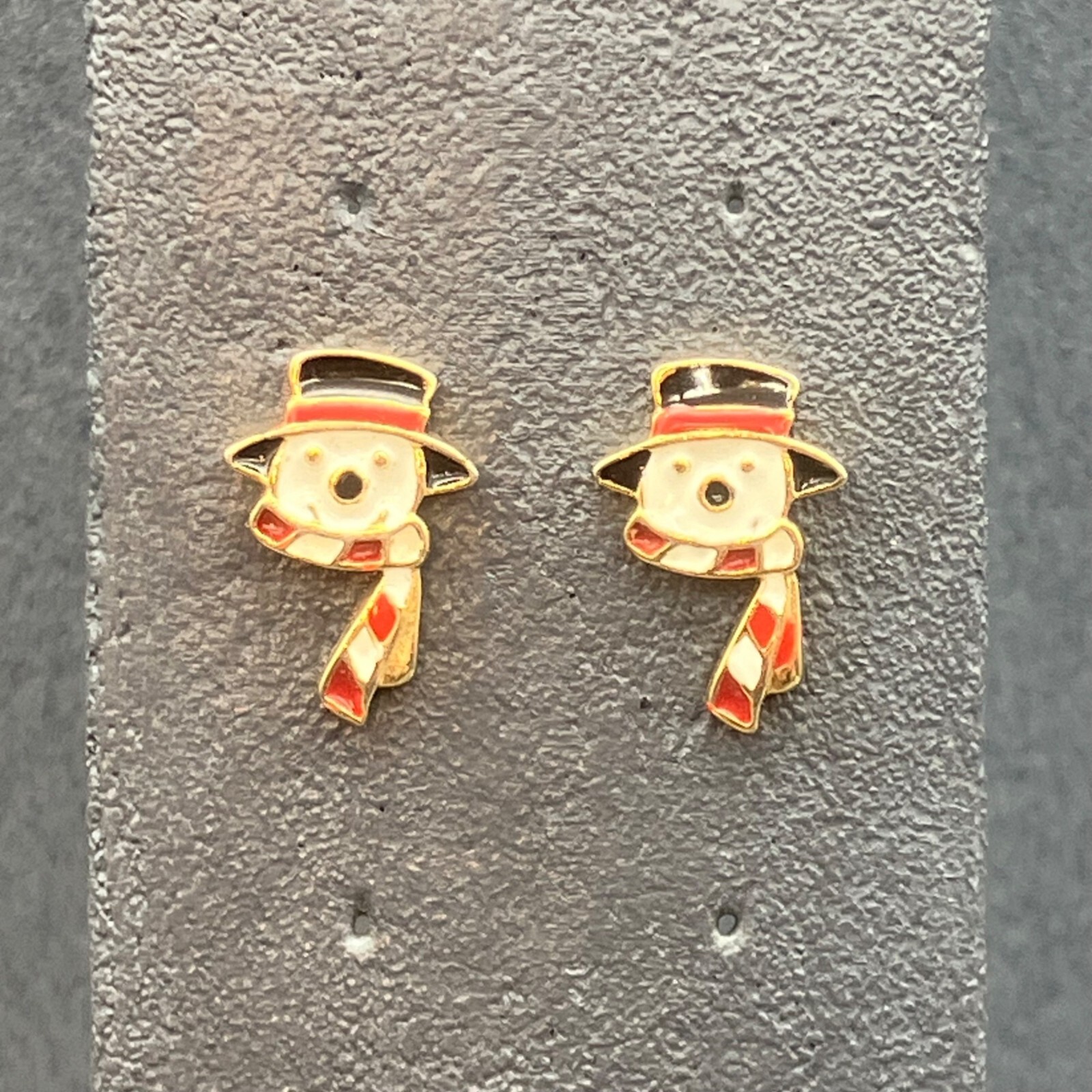 Snowman Stud Earrings Christmas Winter Gold White Red Black Hat Striped Scarf