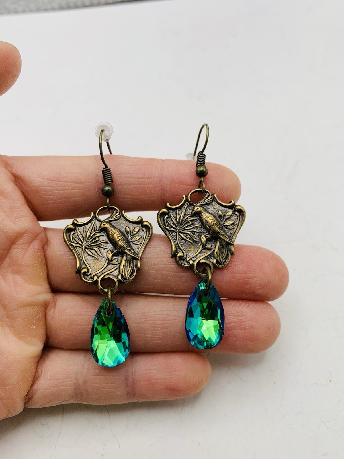 Vintage Style Bronze Art Nouveau Enchanted Bird Rainbow Blue AB Hook Earrings