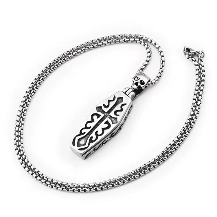 Mens Gothic Skull Coffin Pendant Punk Retro Necklace Stainless Steel Chain 24″