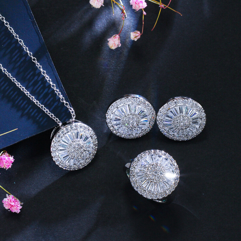 Round CZ Crystal Earring Ring Pendant Necklace Adjustable Bracelet Jewelry Set