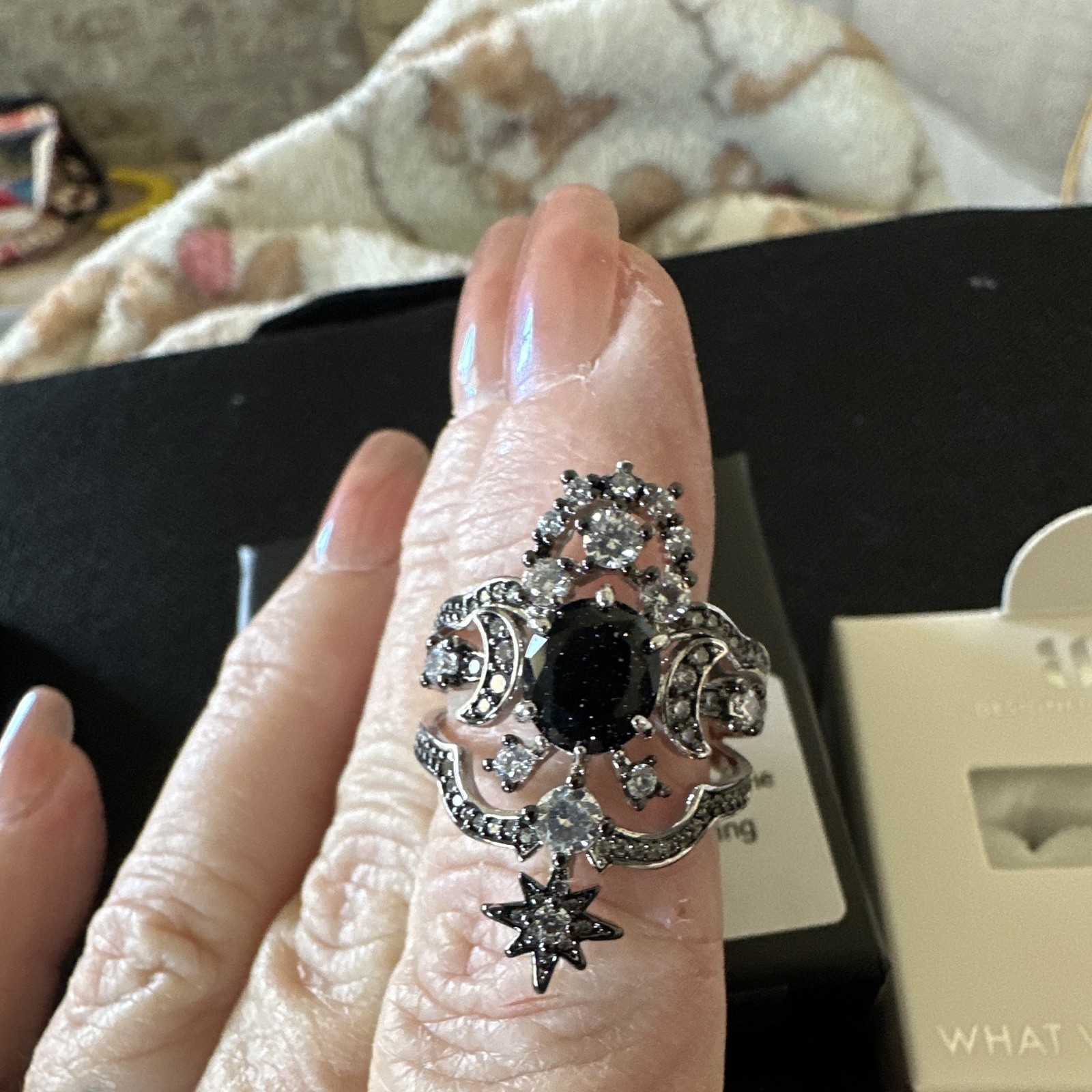 Obsidia Celestial Cocktail Ring Onyx Sandstone CZ Rhodium Plated 7 RG40811