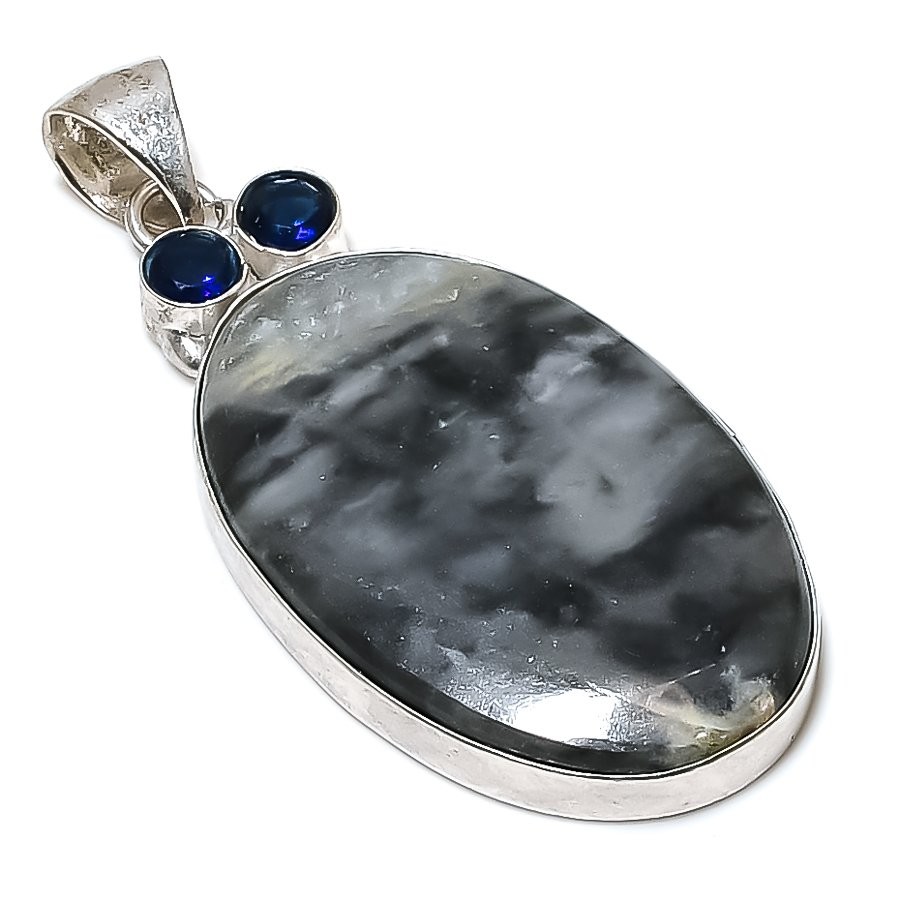 Fume Agate, Blue Topaz Gemstone 925 Sterling Silver Jewelry Pendant 2.64″ f033