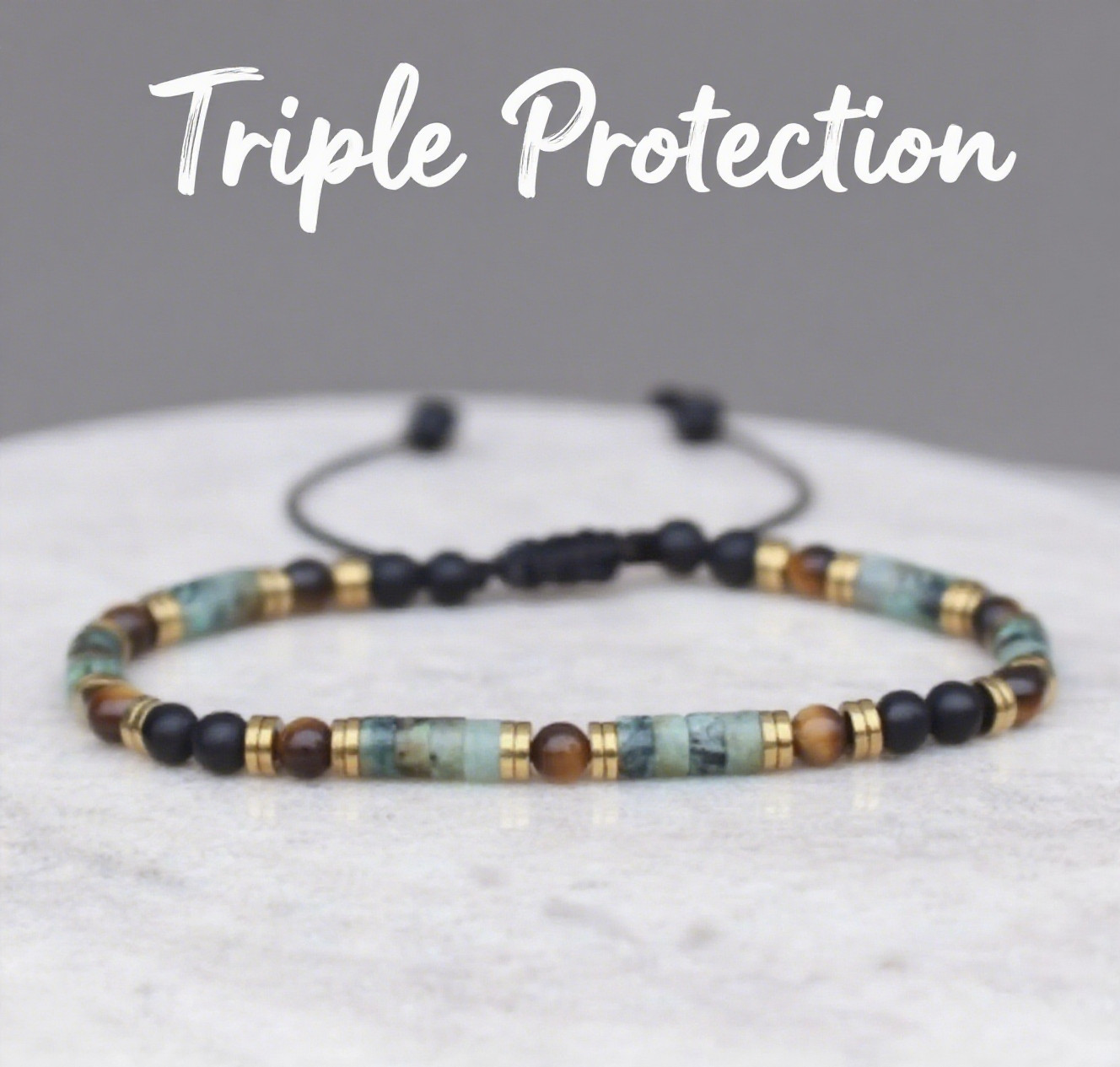 Triple Protection Healing Bracelet Onyx African Turquoise Tiger Eye Bracelet