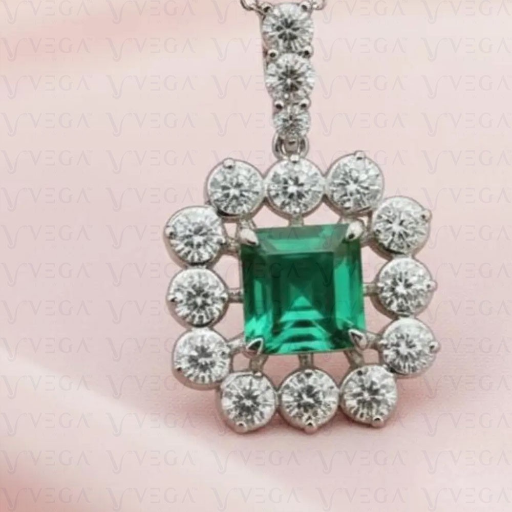 5.30Ct Princess Cut Natural Green Emerald & Diamond Pendant 18KWhite Gold Filled