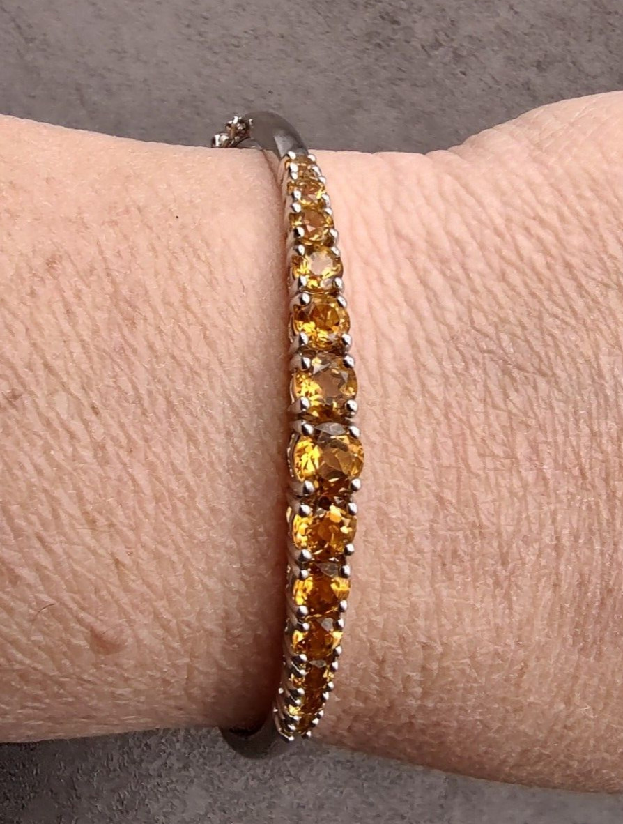 Estate KN Sterling Silver 4.86cttw Natural Citrine Hinged Bangle Bracelet 8.25″